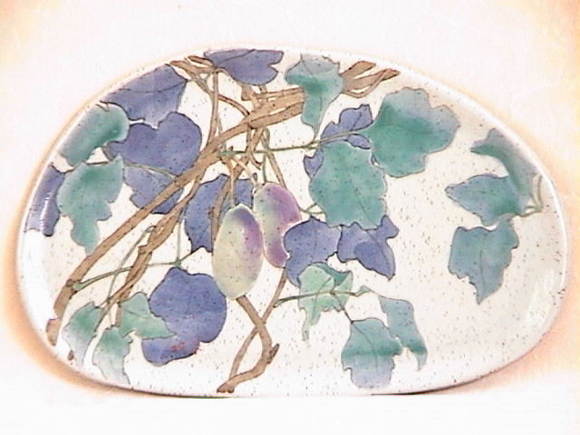 福田祐太郎作 月夜野焼 華々しい 辰砂絵付 茶入 草花紋仕覆付